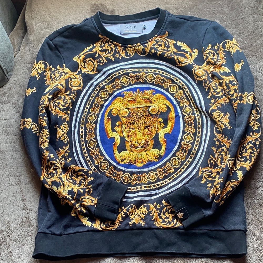 GMF Black Crewneck Sweater with Ornate Gold Medallion Print